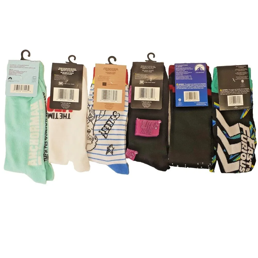 Classic Movie Variety Pack Novelty Men Crew Socks 6 Pair Size 6-12 NWT